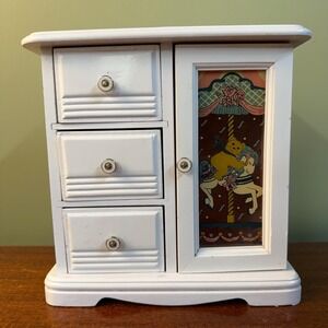 Vintage jewelry armoire white carousel bear 3 drawer 1 door pink lined for kids